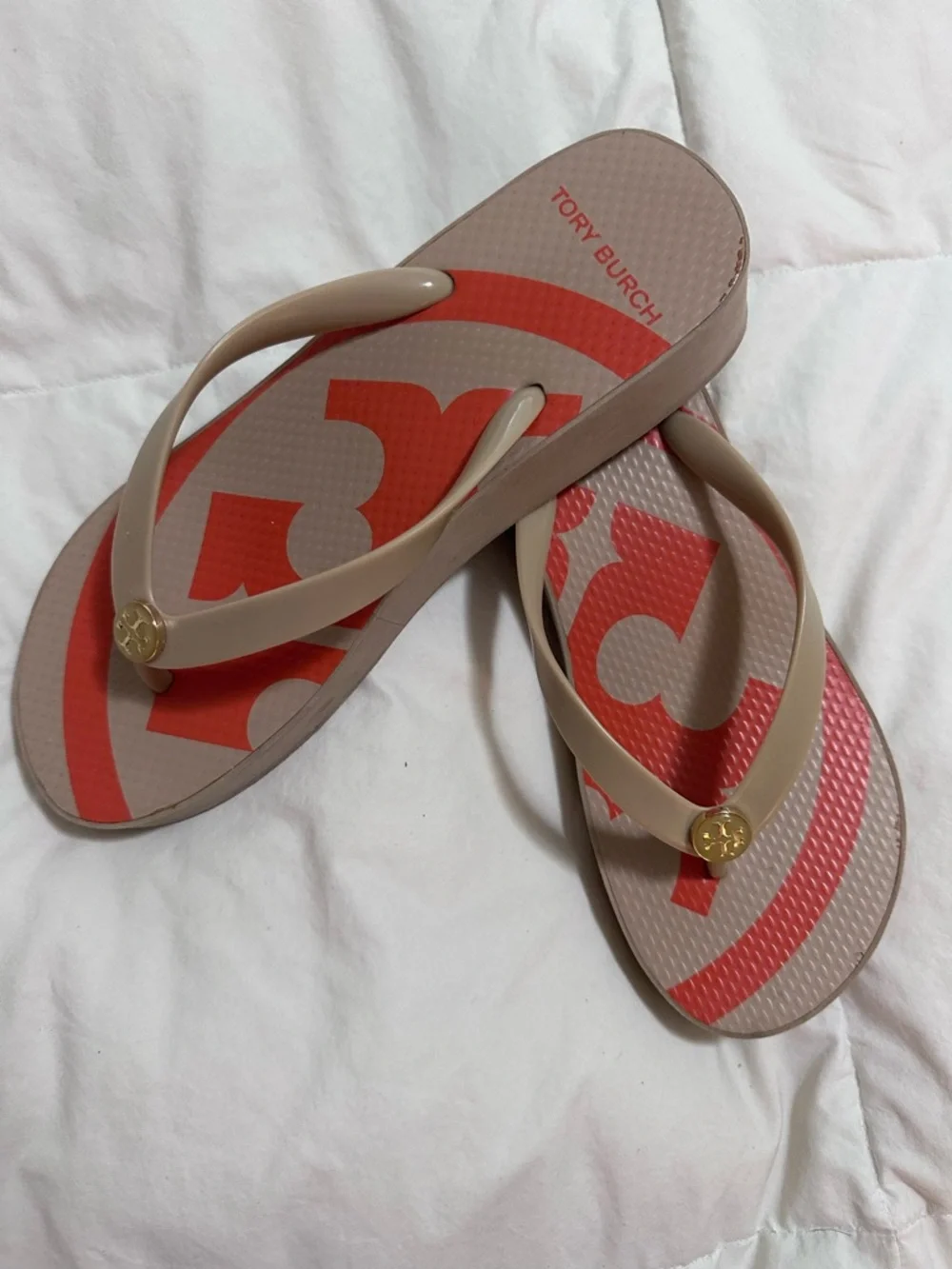 Tory Burch Beige and Coral Logo Flip Flops - Picture 2 of 5